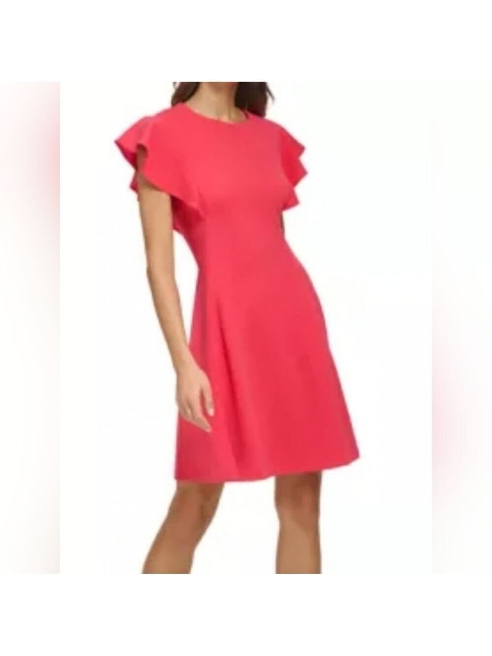 DKNY 129 Short BoatNeck Ruffle Scuba Crepe Fit/Flare Dress Melon. Size 8